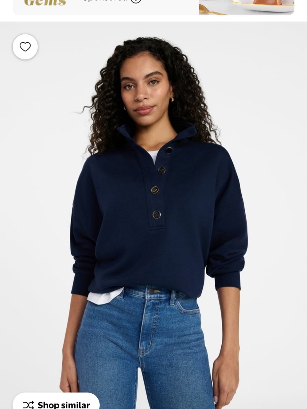 Time and Tru Navy Button-Placket Pullover Sweatshirt